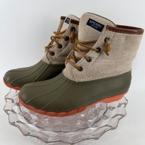 Sperry Top Sider Women Duck Boot Waterproof Rubber Boot Olive Green Tan Size 8.5